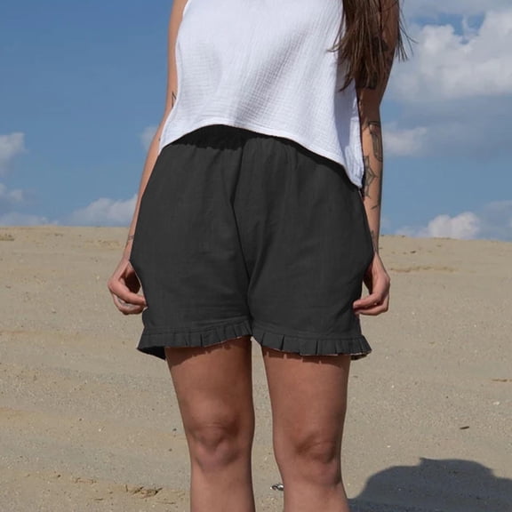 Wycnly on Sale Shorts for Women Womens Summer Shorts Casual Solid Plus Size Loose Straight Leg Short Pants Vintage Cotton Linen Ruffle Layer Trim Pocket Shorts