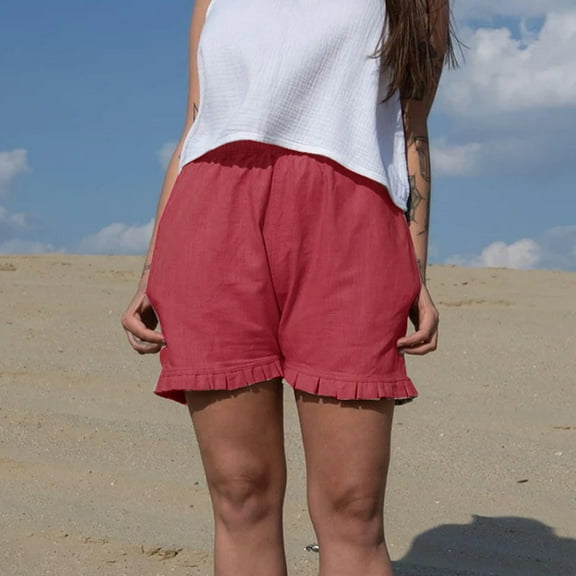 Wycnly on Sale Shorts for Women Womens Summer Shorts Casual Solid Plus Size Loose Straight Leg Short Pants Vintage Cotton Linen Ruffle Layer Trim Pocket Shorts