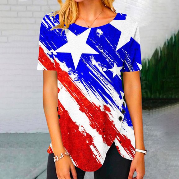 Wycnly Shirts for Women Fashion Button Down Irrgular Hem Independence Day Patriotic Tunic Tops Summer Casual Round Neck Short Sleeve Star American Flag Print Ladies Blouses Blue l