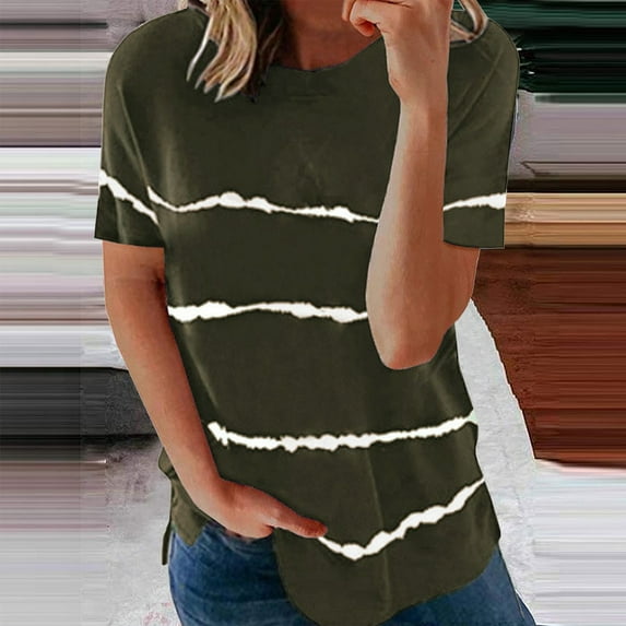 Wycnly Shirts for Women Plus Size Classic Breathable Loose Pullover Tops Summer Casual Crewneck Short Sleeve Striped Print Ladies Blouses Army Green XXXXL