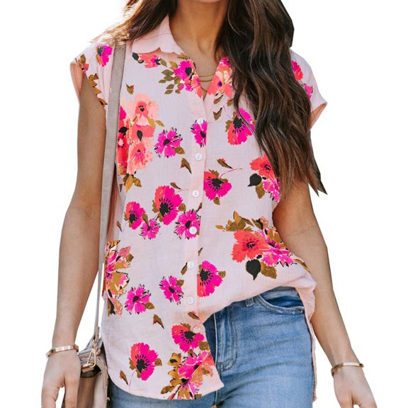 Wycnly Shirts for Women Fashion Loose Fit Comfy Button Down Cardigan Tops Summer Casual Lapel Short Sleeve Floral Print Ladies Blouses Pink m