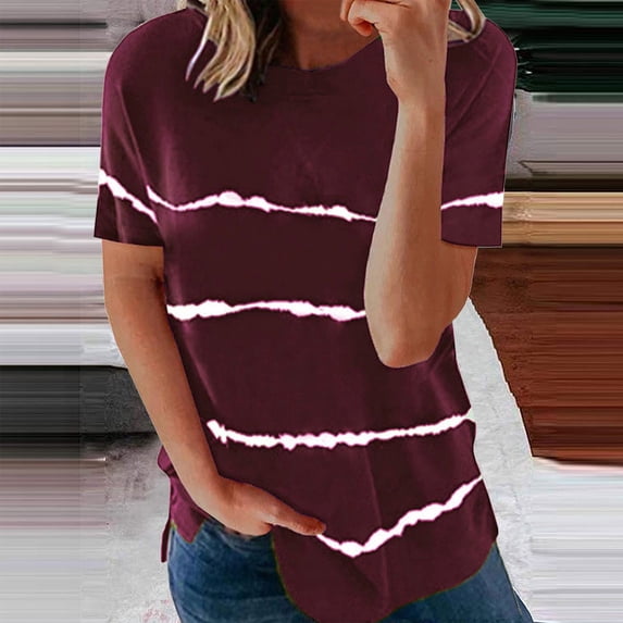 Wycnly Shirts for Women Plus Size Classic Breathable Loose Pullover Tops Summer Casual Crewneck Short Sleeve Striped Print Ladies Blouses Wine m