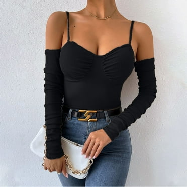 Wycnly Strap Tops for Women Womens Workout Tops Going out Sexy Slim Fit Cold Shoulder Corset Tops 2025 Fashion Solid Long Sleeve Shirts Ladies Long Sleeve Shirt