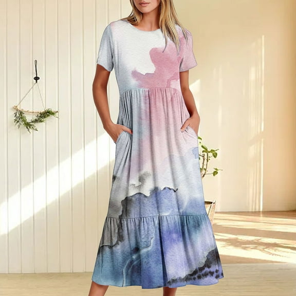Wycnly Summer Dresses for Women Dresses for Women 2024 Loose Flowy Pleated Ruffle Swing Tunic Long Dress with Pocket Women Fashion Marbled Print Crewneck Short Sleeve Maxi Sun Dress