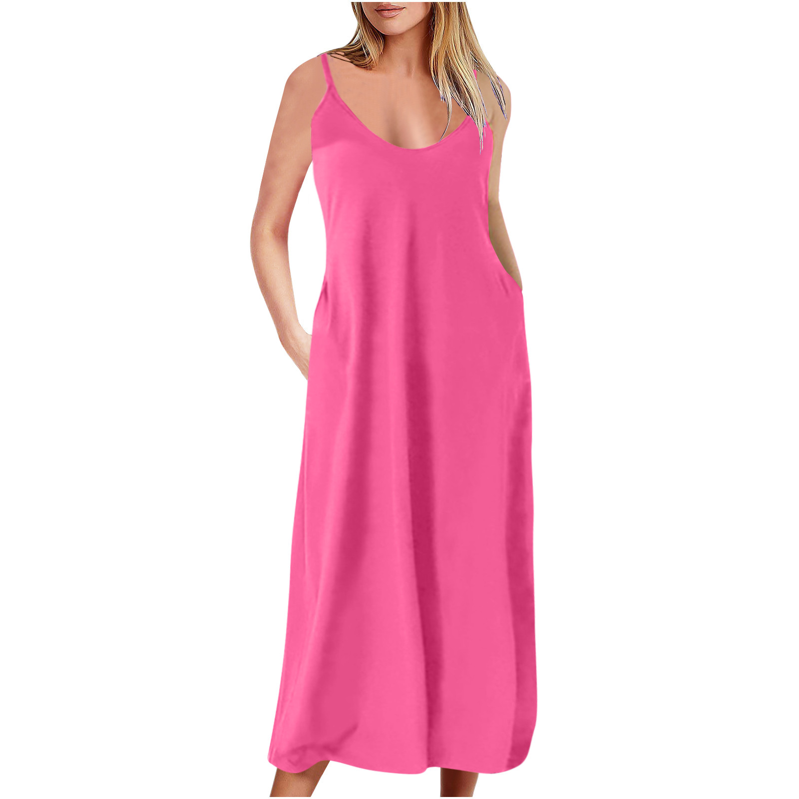 Wycnly Summer Dresses for Women Summer Dresses for Women 2024 Plus Size Beach Party Spaghetti Strap Maxi Dresses with Pocket Women Elegant Solid Round Neck Sleeveless Long Sun Dresses