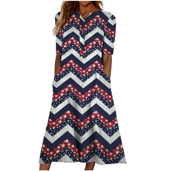 Wycnly Summer Dresses for Women 4th July Fashion Loose Swing Pocket Tunic Independence Day Dresses 2025 Short Sleeve V-Neck Star Striped Print Long Formal Dress Navy XXXL