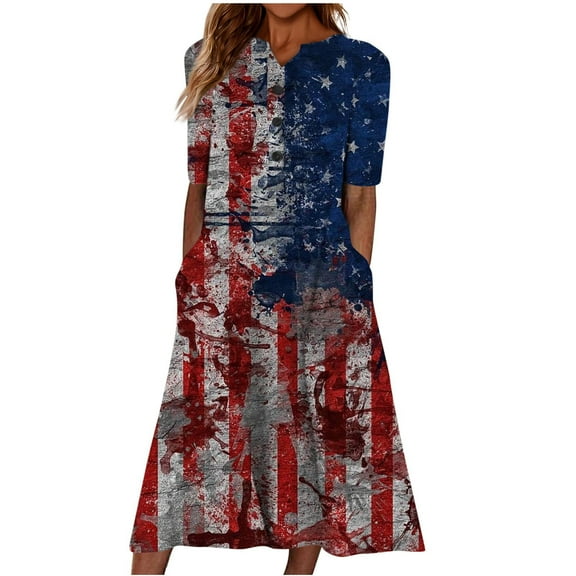 Wycnly Summer Dresses for Women 4th of July Independence Day Casual Button Loose Pocket Swing Tunic Long Dresses 2024 Short Sleeve V-Neck USA Flag Print Maxi Formal Dress Navy m