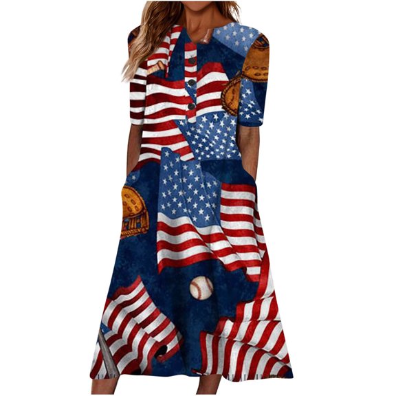 Wycnly Summer Dresses for Women 4th of July Independence Day Casual Button Loose Pocket Swing Tunic Long Dresses 2025 Short Sleeve V-Neck USA Flag Print Maxi Formal Dress Red s