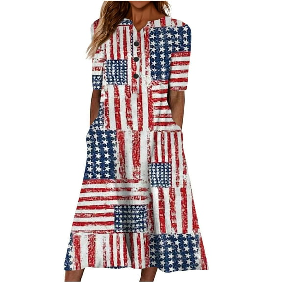 Wycnly Summer Dresses for Women 4th of July Independence Day Casual Button Loose Pocket Swing Tunic Long Dresses 2025 Short Sleeve V-Neck USA Flag Print Maxi Formal Dress White s