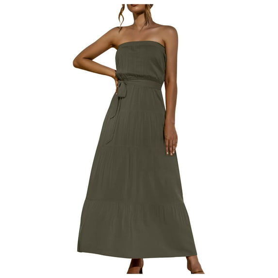 Wycnly Summer Dresses for Women Beach Boho Empire Waist Ruffle Swing Sexy Strapless Maxi Dresses with Belt 2024 Sleeveless Tube Top Solid Long Formal Dress Army Green XL