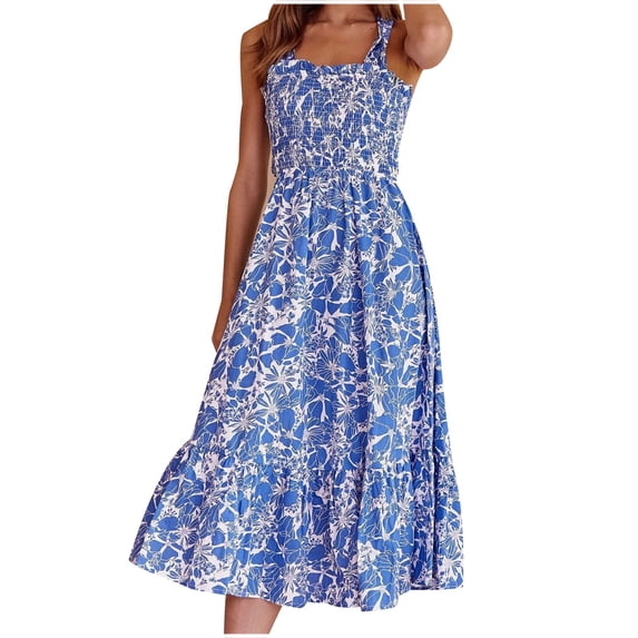 Wycnly Summer Dresses for Women Beach Boho Fashion Elastic Wasit Flowy Ruffle Swing Strap Tank Dresses 2025 Sleeveless Square Neck Floral Print Long Formal Dress Blue m