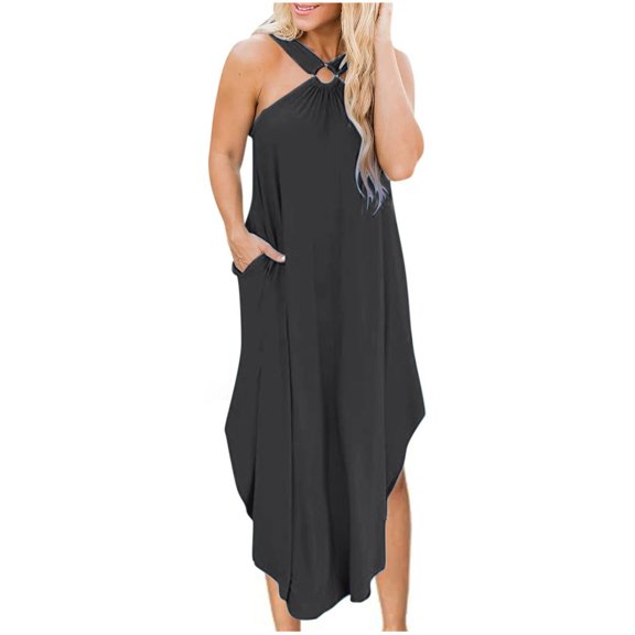Wycnly Summer Dresses for Women Beach Boho Loose Irregular Keyhole off Shoulder Maxi Dresses with Pocket 2025 Sleeveless Halter Solid Long Formal Dress Dark Gray s