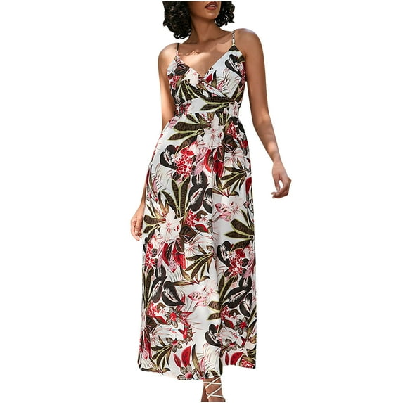Wycnly Summer Dresses for Women Beach Boho Vintage Floral Elastic Waist Spaghetti Strap Long Dresses 2025 Sleeveless V-Neck Ethnic Style Print Maxi Formal Dress White l