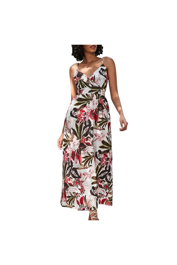 Summer Dresses for Women Beach Boho Vintage Floral Elastic Waist Spaghetti Strap Long Dresses 2024 Sleeveless V-Neck Ethnic Style Print Maxi Formal Dress White m