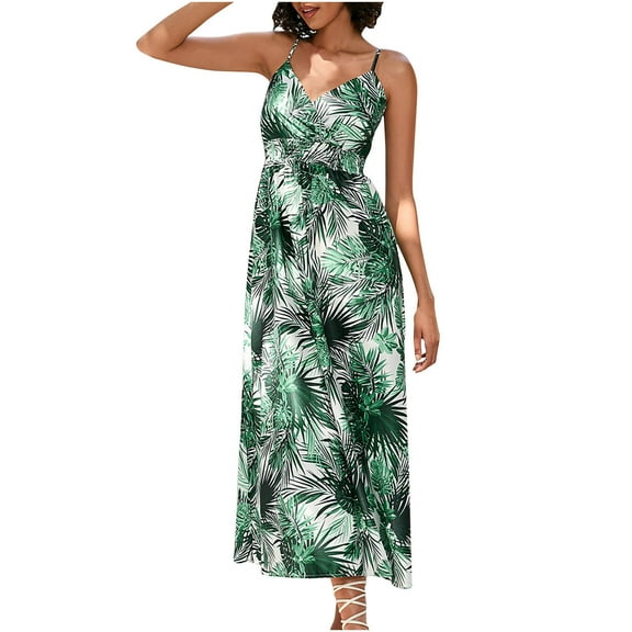 Wycnly Summer Dresses for Women Beach Boho Vintage Floral Elastic Waist Spaghetti Strap Long Dresses 2025 Sleeveless V-Neck Ethnic Style Print Maxi Formal Dress Green m