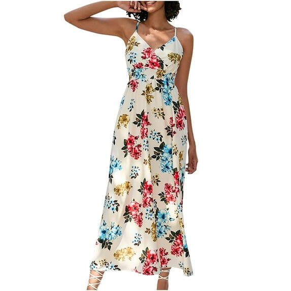 Wycnly Summer Dresses for Women Beach Boho Vintage Floral Elastic Waist Spaghetti Strap Long Dresses 2025 Sleeveless V-Neck Ethnic Style Print Maxi Formal Dress Red s