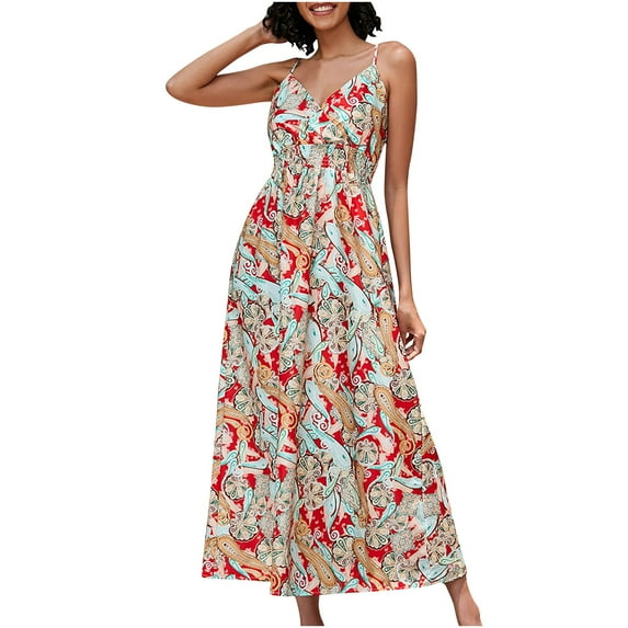 Wycnly Summer Dresses for Women Beach Boho Vintage Floral Elastic Waist Spaghetti Strap Long Dresses 2025 Sleeveless V-Neck Ethnic Style Print Maxi Formal Dress Blue m