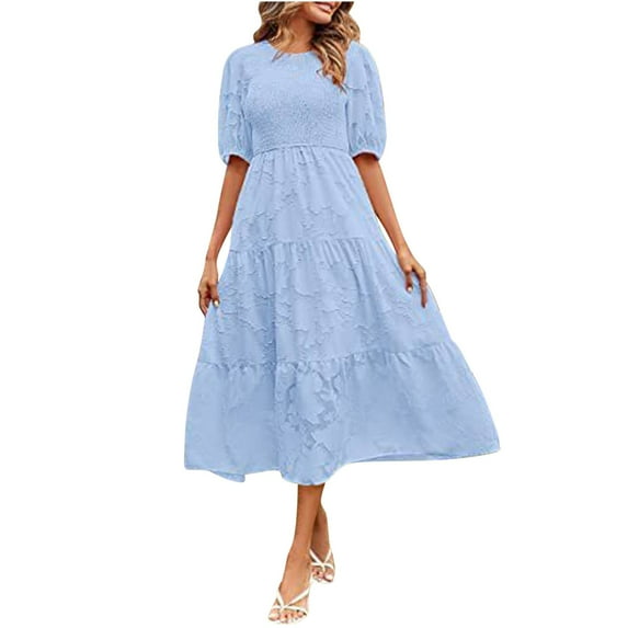 Wycnly Summer Dresses for Women Beach Casual Elastic Waist Flowy Ruffle Swing Chiffon Long Dresses 2025 Short Sleeve Round Neck Plain Maxi Formal Dress Light Blue m