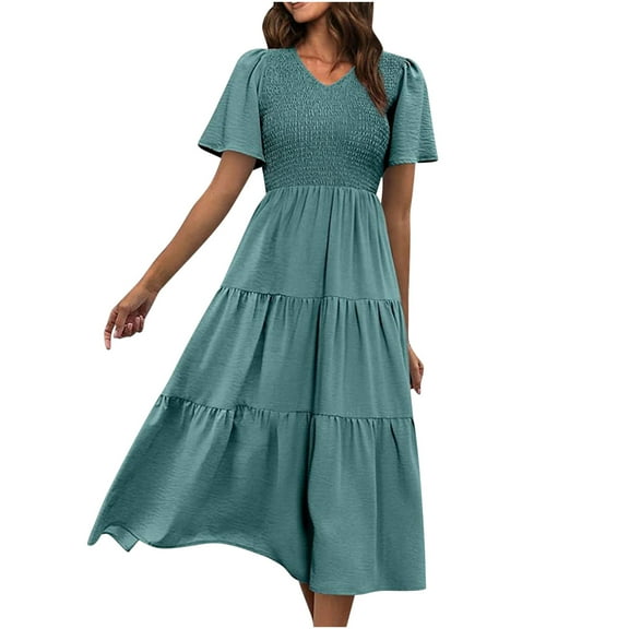 Wycnly Summer Dresses for Women Beach Casual Elastic Waist Flowy Ruffle Swing A Line Long Sundress 2024 Short Sleeve V-Neck Solid Maxi Formal Dress Green l