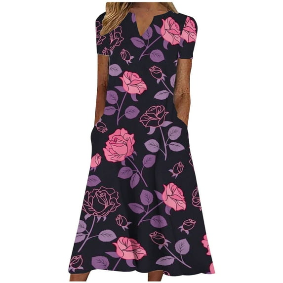 Wycnly Summer Dresses for Women Beach Casual Loose Swing Pocket Tunic Maxi Sundresses 2025 Short Sleeve V-Neck Daisy Print Long Formal Dress Purple XL