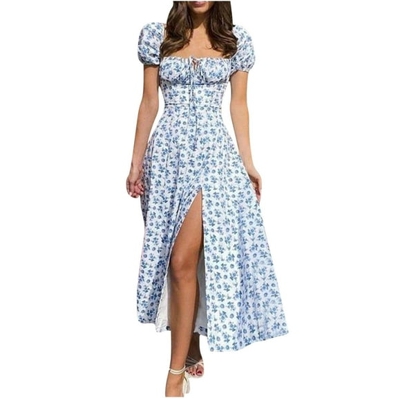 Wycnly Summer Dresses for Women Beach Cute Puff Sleeve Tie Front Empire Waist Slit Swing Long Sundress 2024 Short Sleeve Square Neck Floral Print Maxi Formal Dress Blue XL