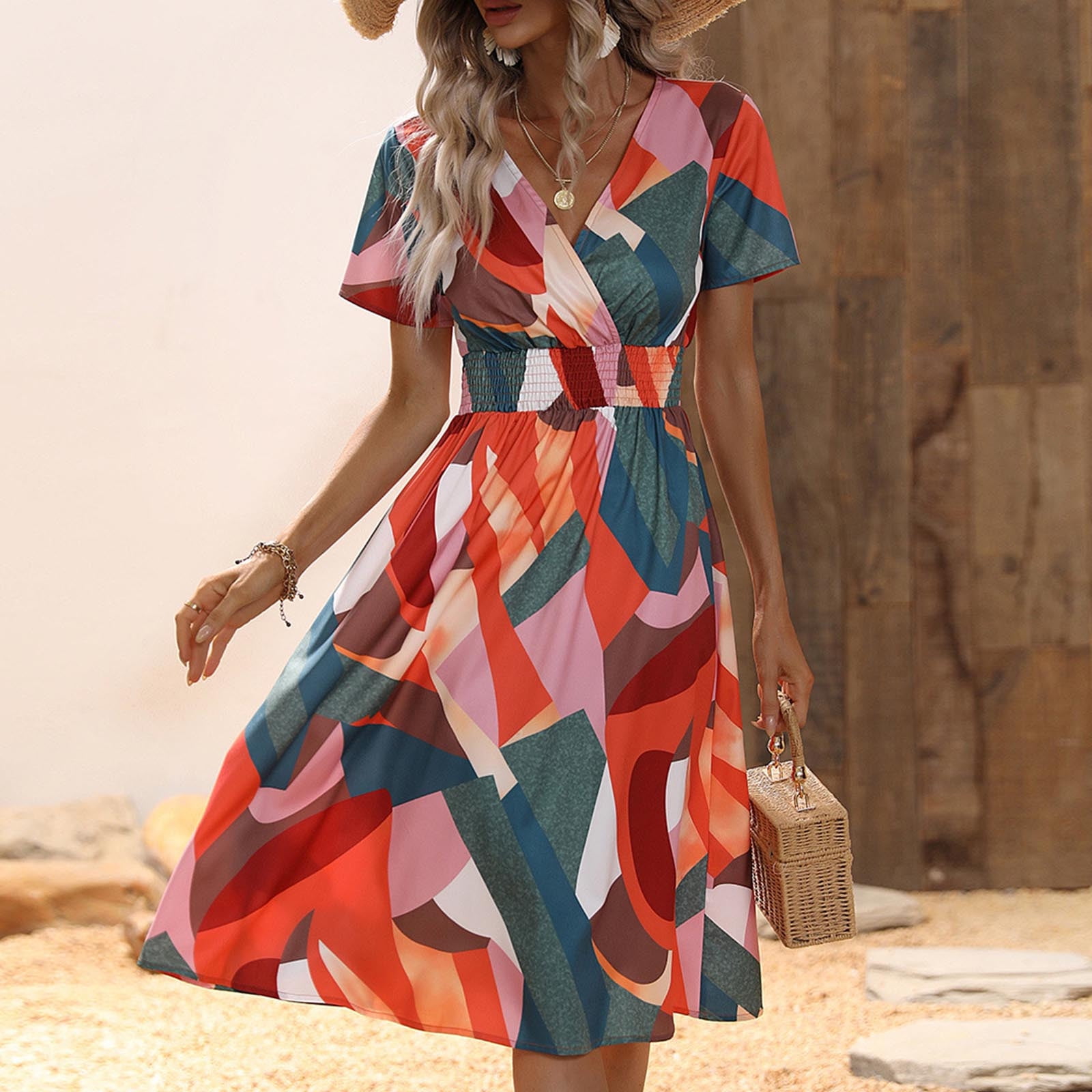 Wycnly Summer Dresses for Women Beach Empire Waist Flowy Swing A Line Midi  Sun Dresses Short Sleeve V-Neck Leaves Print Knee-Length 2024 Casual Dress  Army Green l Under $5