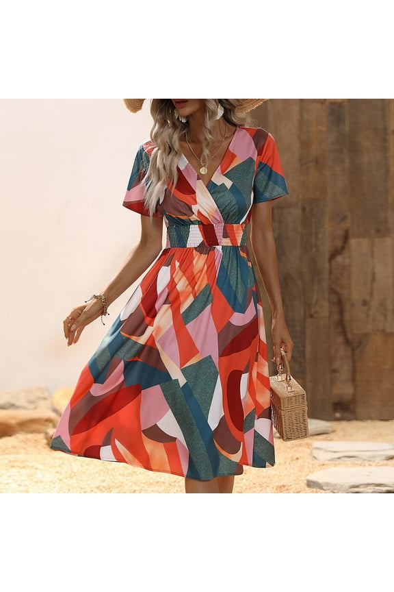Summer Dresses for Women Beach Empire Waist Flowy Swing A Line Midi Sun Dresses Short Sleeve V-Neck Leaves Print Knee-Length 2024 Casual Dress Army Green m Under $5