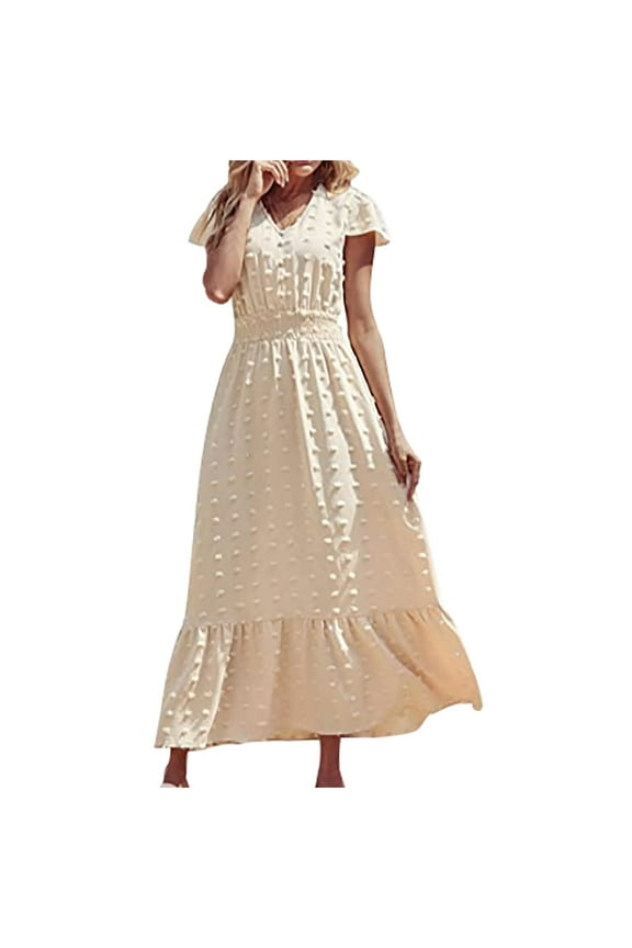 Summer Dresses for Women Beach Fashion Chiffon Jacquard Empire Waist Ruffle Swing Long Dresses 2024 Short Sleeve Round Neck Solid Maxi Formal Dress Beige m