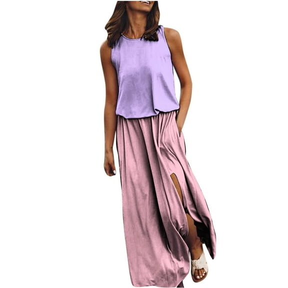 Wycnly Summer Dresses for Women Beach Fashion Elastic Waist Pleated Swing Slit Pocket Tank Long Dresses 2025 Sleeveless Crewneck Color Patchwork Maxi Formal Dress Pink s