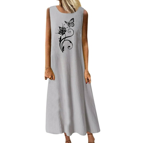 Wycnly Summer Dresses for Women Beach Fashion Loose Swing Breathable Cotton Linen Tank Long Dresses 2025 Sleeveless Round Neck Butterfly Print Maxi Formal Dress Gray s