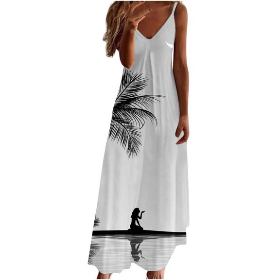 Wycnly Summer Dresses for Women Beach Hawaiian Style Loose Swing Spaghetti Strap Maxi Dresses 2025 Short Sleeve V-Neck Sunset Print Long Formal Dress White l
