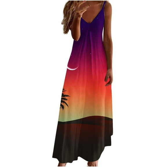 Wycnly Summer Dresses for Women Beach Hawaiian Style Loose Swing Spaghetti Strap Maxi Dresses 2025 Short Sleeve V-Neck Sunset Print Long Formal Dress Yellow l