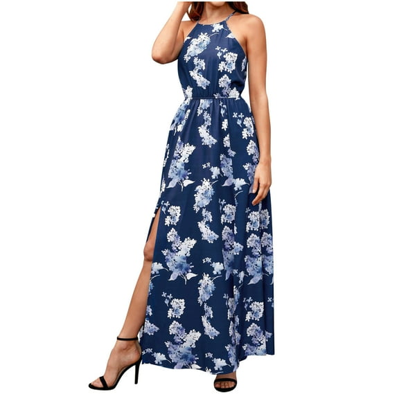 Wycnly Summer Dresses for Women Beach Holiday Fashion Elastic Waist Slit Strap Maxi Sundress 2025 Sleeveless Halter Flowers Print Long Formal Dress White l