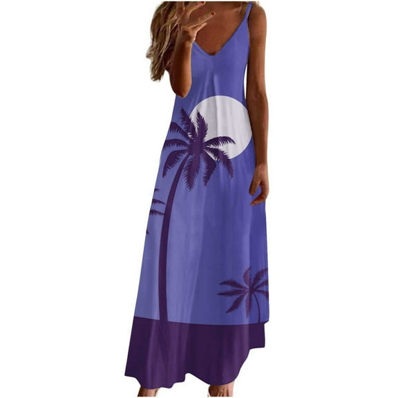 Wycnly Summer Dresses for Women Beach Holiday High Waist Swing Spaghetti Strap Long Dresses 2025 Short Sleeve V-Neck Hawaiian Graphics Maxi Formal Dress Purple XXL