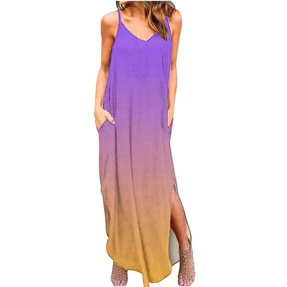 Wycnly Summer Dresses for Women Beach Loose Pocket Boho Spaghetti Strap Long Sun Dresses Sleeveless V-Neck Gradient Print Maxi Sun Dress Purple XXL Clothes
