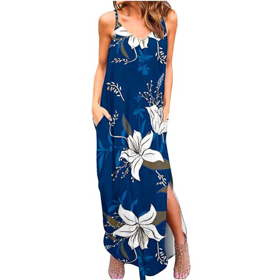Wycnly Summer Dresses for Women Beach Loose Pocket Slit Boho Spaghetti Strap Long Dresses Sleeveless V-Neck Leaves Print Maxi Sun Dress Dark Blue XXL Up to 65% off