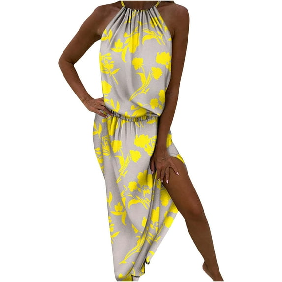 Wycnly Summer Dresses for Women Beach Party Elastic Waist Slit Wrap Hem Strap Maxi Sundresses 2025 Sleeveless Halter Color Patchwork Long Formal Dress Gray s