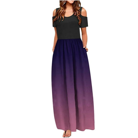 Wycnly Summer Dresses for Women Beach Party Empire Waist Swing Pocket Cold Shoulder Maxi Dresses Short Sleeve Crewneck Gradient Long Sun Dress Purple L Clothes