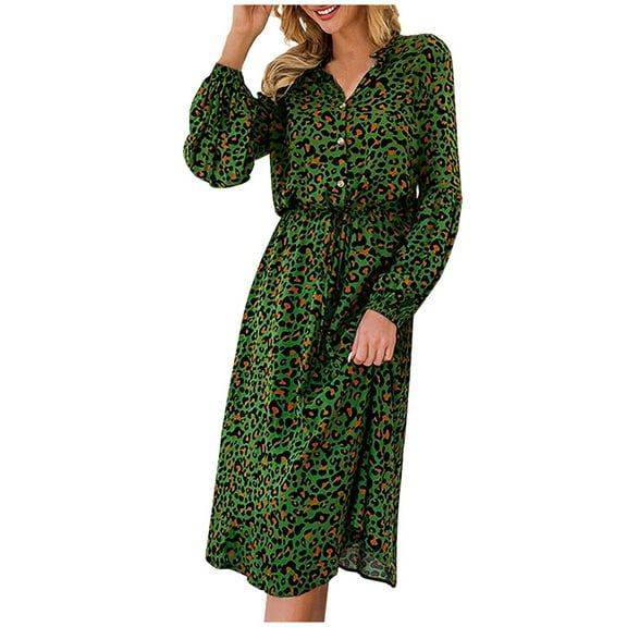 Wycnly Summer Dresses for Women Beach Party Fashion Elastic Waist Button Down Tunic A Line Long Dresses 2025 Short Sleeve V-Neck Leopard Print Maxi Formal Dress Green l