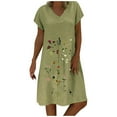 thumbnail image 1 of Wycnly Summer Dresses for Women Beach Plus Size Cotton Linen Tunic Tshirt Midi Dresses 2024 Casual Short Sleeve V-Neck Floral Print Knee-Length Dress Army Green s, 1 of 6