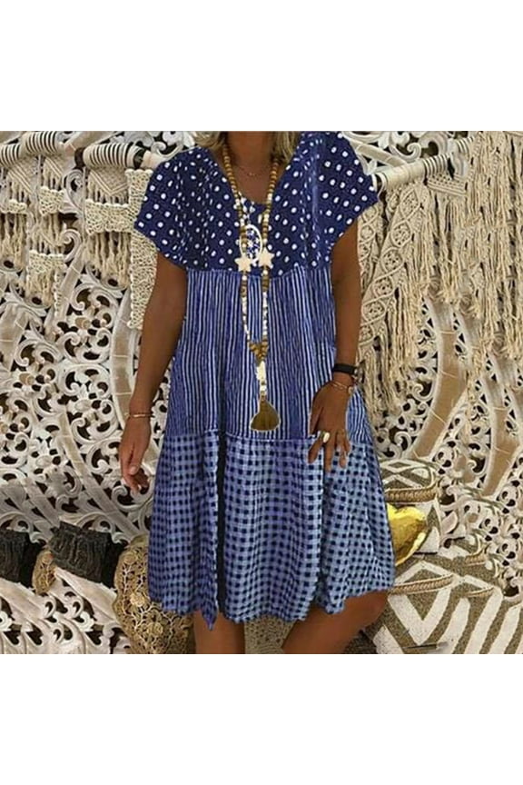 Summer Dresses for Women Beach Vacation Loose Swing Tunic Midi Sun Dresses Short Sleeve V-Neck Plaid Print Knee-Length 2024 Casual Dress Dark Blue xl Under $5