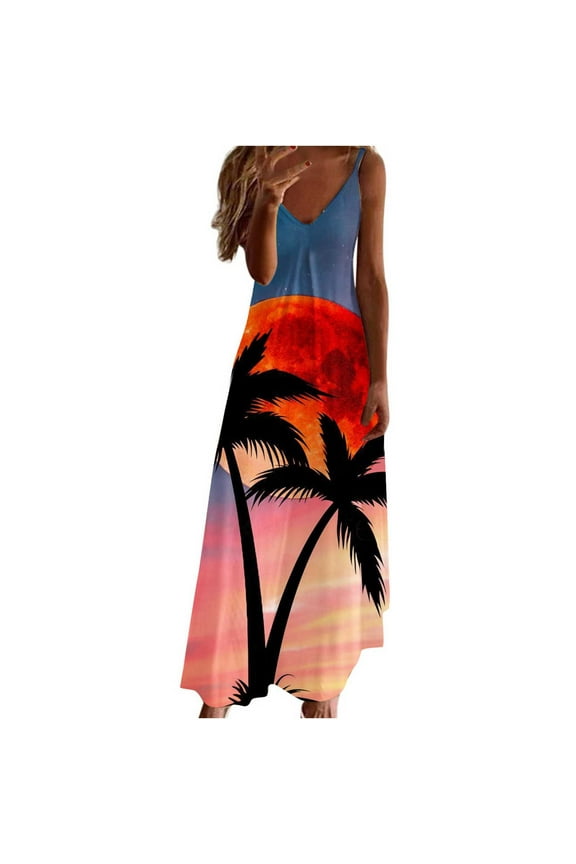Summer Dresses for Women Beach Vacation Swing Sapghetti Strap Hawaiian Maxi Dresses 2024 Short Sleeve V-Neck Coconut Tree Print Long Formal Dress Yellow l