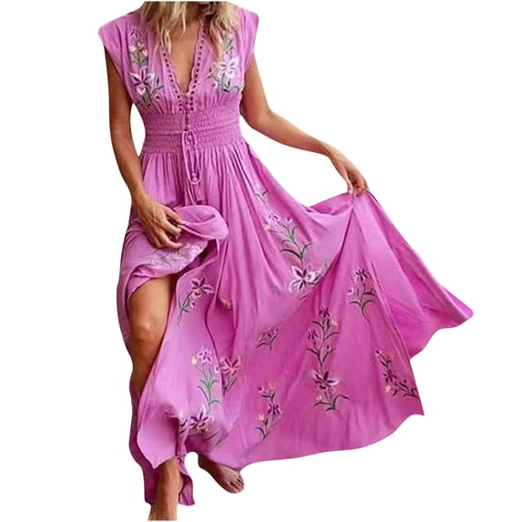 Wycnly Summer Dresses for Women Beach Vintage Bohemian Empire Waist Swing Long Dresses with Tie 2024 Short Sleeve V-Neck Floral Print Maxi Formal Dress Hot Pink s