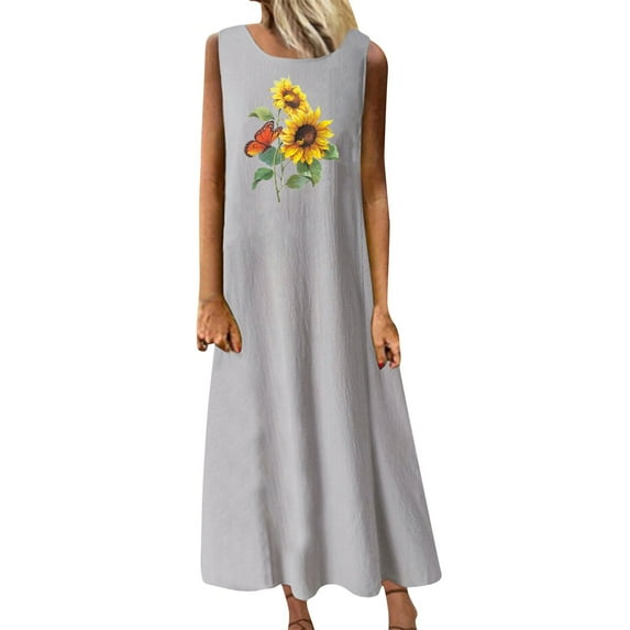 Wycnly Summer Dresses for Women Beach Vintage Cotton Linen Plus Size Swing Tank Maxi Dresses 2025 Sleeveless Crewneck Sunflower Print Long Formal Dress Gray XXXL