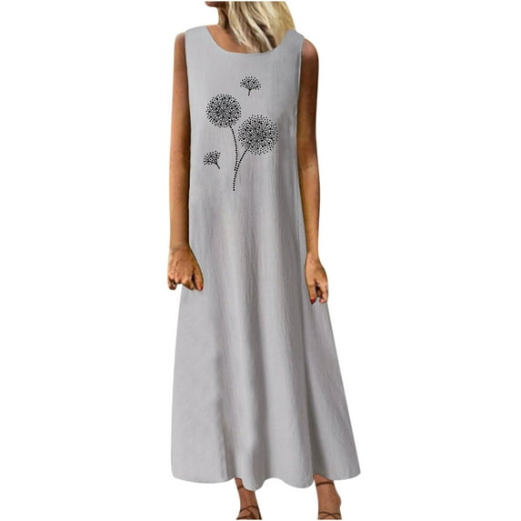 Wycnly Summer Dresses for Women Casual Loose Swing Cotton Linen Tunic Tank Maxi Dresses Sleeveless Crewneck Dandelion Print Long 2024 Dress Gray xl Under $5