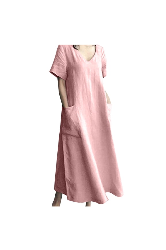 Summer Dresses for Women Casual Soft Cotton Linen Plus Size Swing Tunic Maxi Dresses with Pocket 2024 Short Sleeve V-Neck Solid Long Formal Dress Pink XXXL