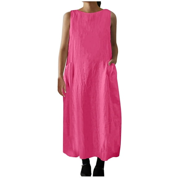 Wycnly Summer Dresses for Women Casual Solid Cotton Linen Plus Size Loose Pocket Tank Dresses 2025 Sleeveless Crewneck Plain Long Formal Dress Hot Pink l