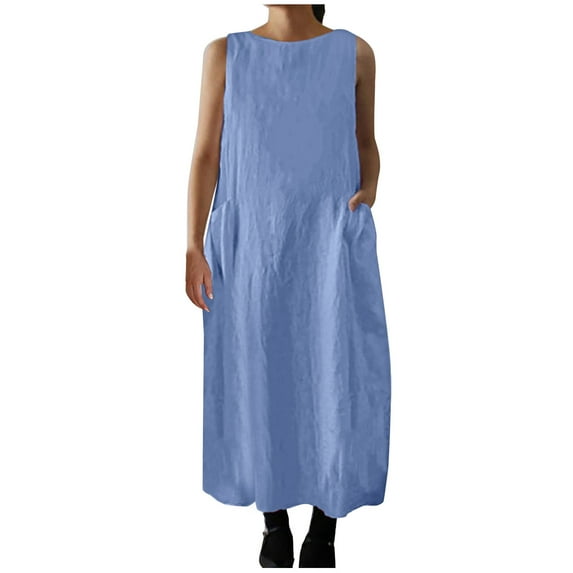 Wycnly Summer Dresses for Women Casual Solid Cotton Linen Plus Size Loose Pocket Tank Dresses 2025 Sleeveless Crewneck Plain Long Formal Dress Light Blue XXXL