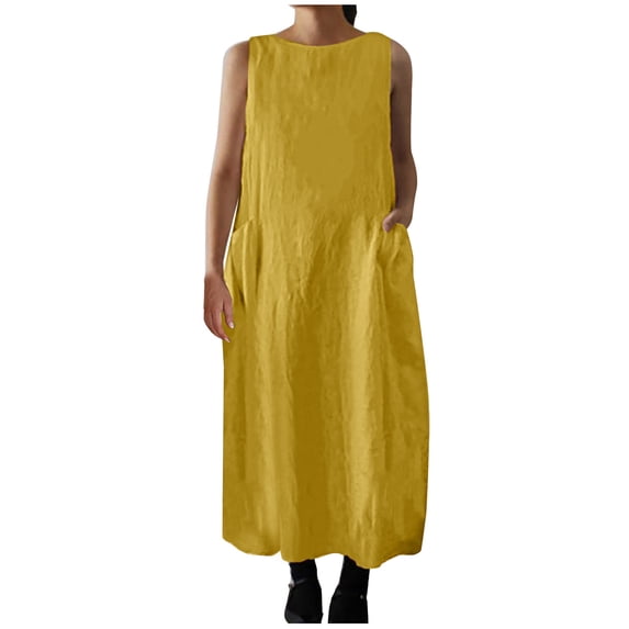Wycnly Summer Dresses for Women Casual Solid Cotton Linen Plus Size Loose Pocket Tank Dresses 2025 Sleeveless Crewneck Plain Long Formal Dress Yellow m