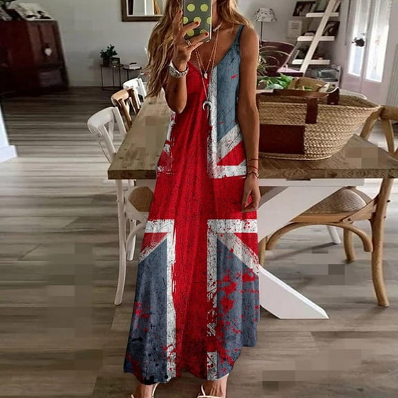 Wycnly Summer Dresses for Women Cocktail Dresses for Women 4th July Patriotic Spaghetti Strap Maxi Dresses Ladies Fashion US Flag Print V-Neck Sleeveless Long Sun Dress